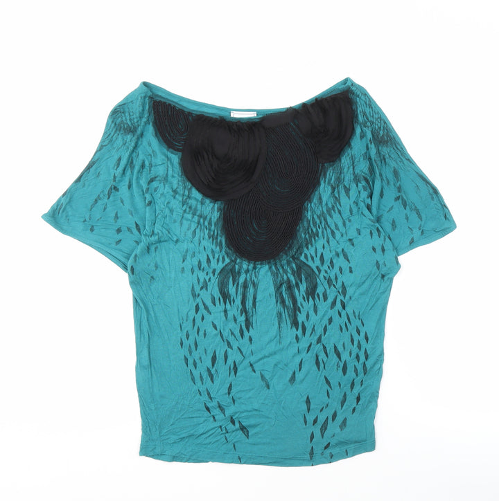 MNG Women's Green Boat Neck Viscose Top, M, Short Sleeve