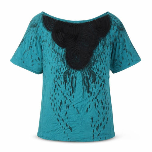 MNG Women's Green Boat Neck Viscose Top, M, Short Sleeve