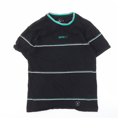 St Goliath Men's Black Striped T-Shirt, 90s Crew Neck, Small