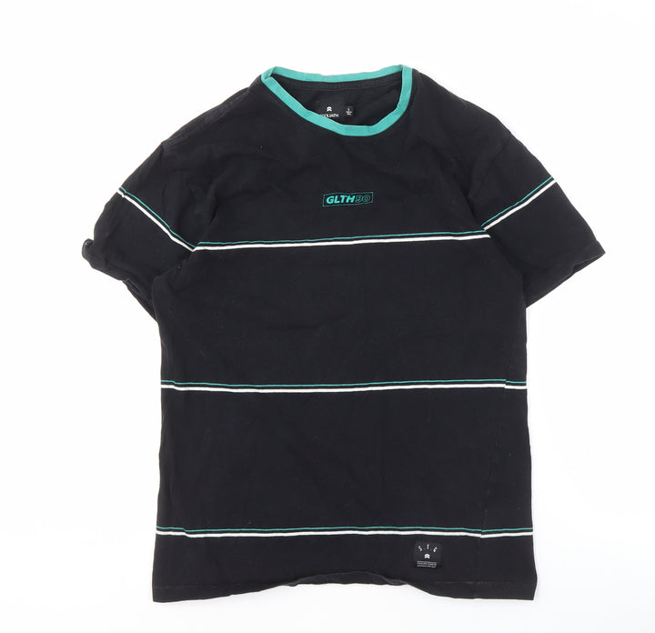 St Goliath Men's Black Striped T-Shirt, 90s Crew Neck, Small