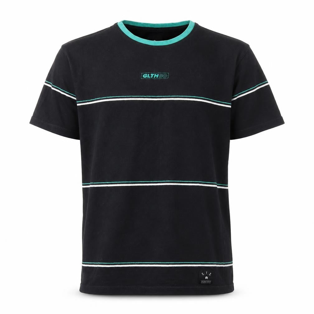 St Goliath Men's Black Striped T-Shirt, 90s Crew Neck, Small