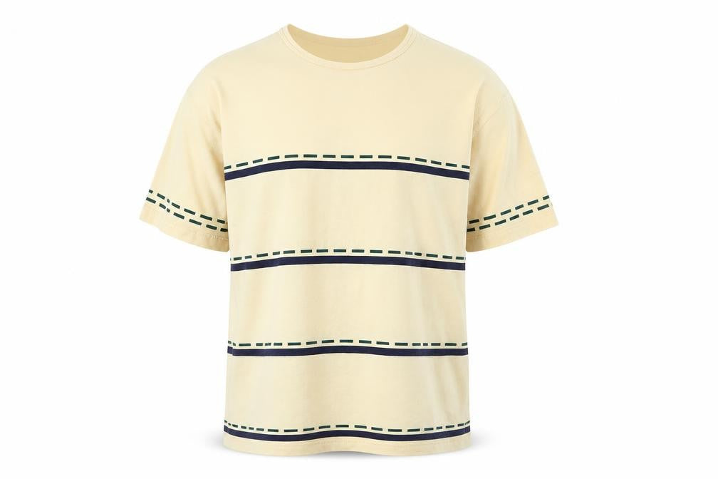 Front view of Alexon Men's Beige Striped T-Shirt, size L, Crew Neck
