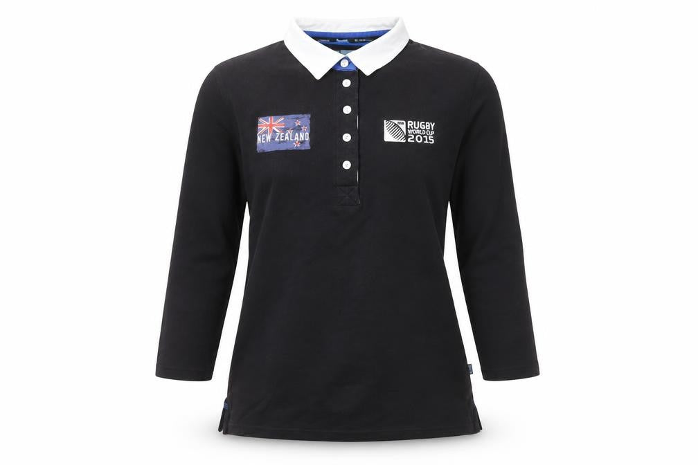 Front view of Sportfolio unisex black 3/4 sleeve rugby polo, size 12
