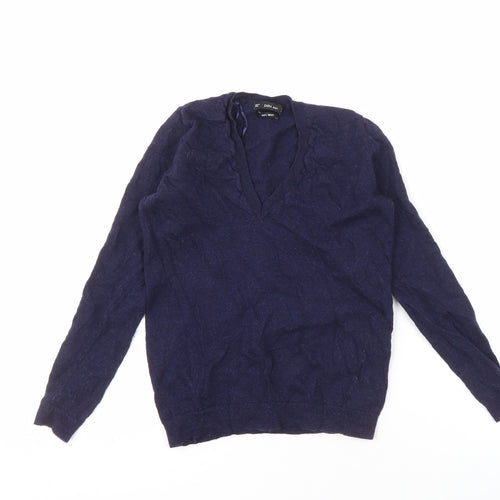 Zara Women's Blue Wool V-Neck Pullover Jumper Size 10