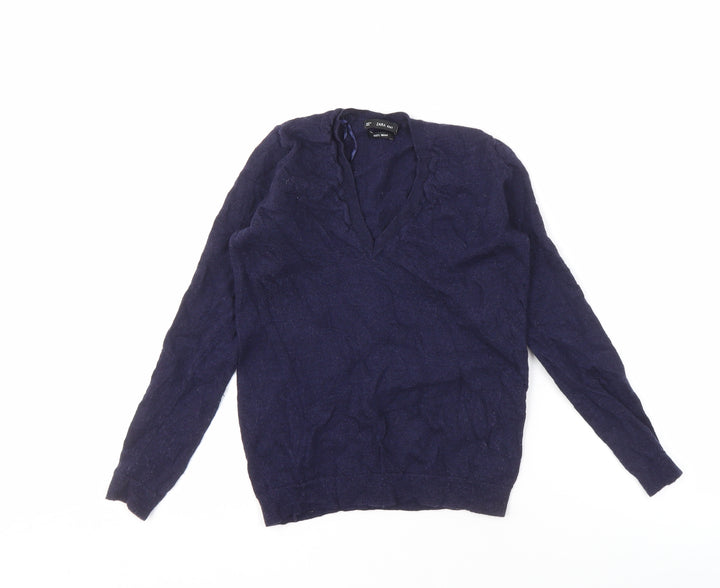 Zara Women's Blue Wool V-Neck Pullover Jumper Size 10