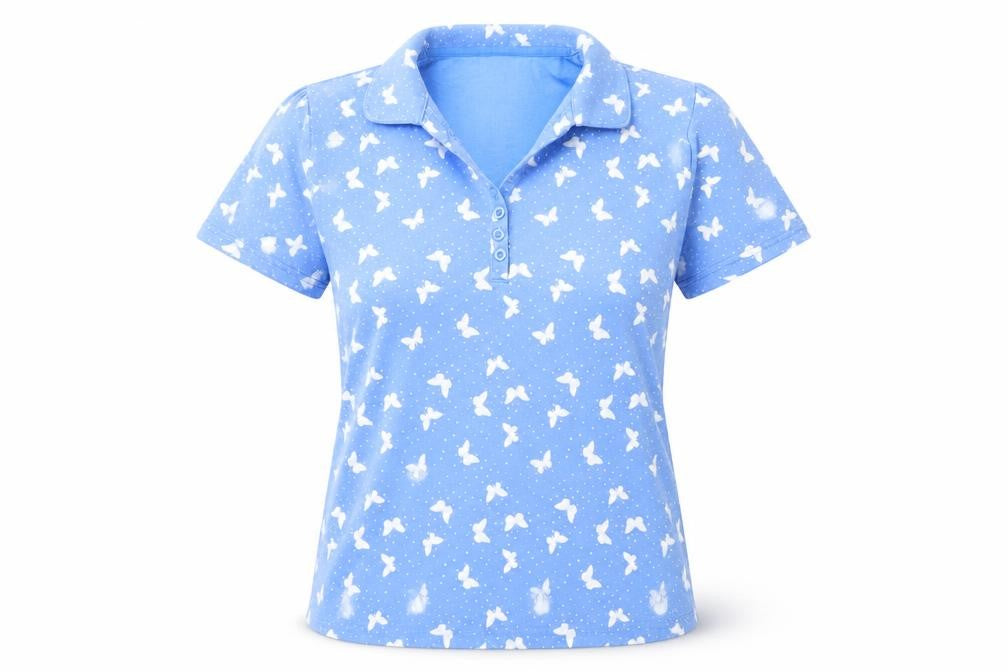 Front view of Vibe Women's Blue Polo Shirt Butterfly Print M