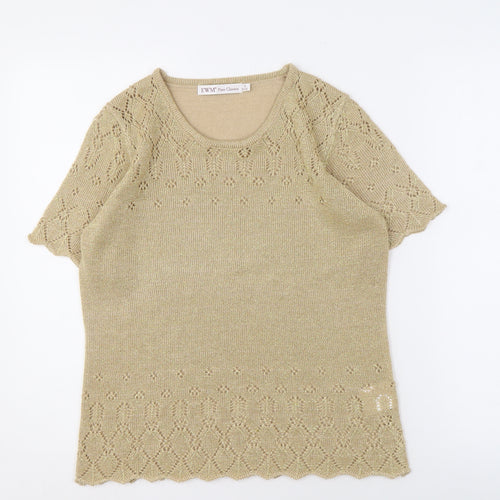 EWM Beige Short Sleeve Knit Blouse, Size 10-12, Round Neck Women's Top