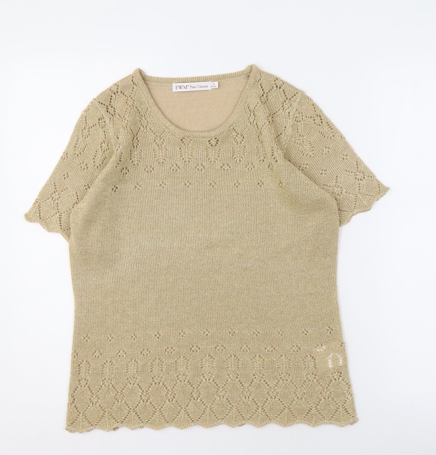 EWM Beige Short Sleeve Knit Blouse, Size 10-12, Round Neck Women's Top