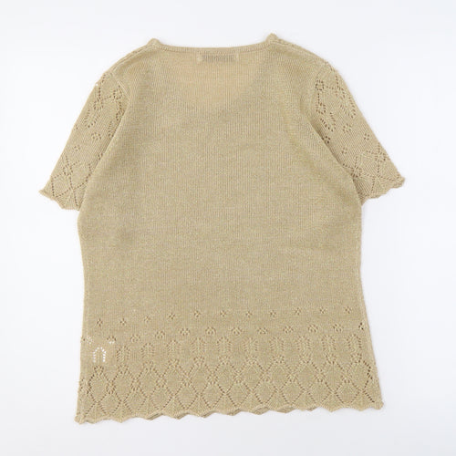 EWM Beige Short Sleeve Knit Blouse, Size 10-12, Round Neck Women's Top