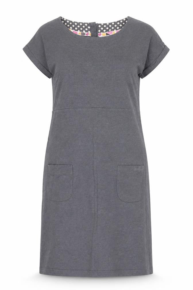 Front view of Weird Fish Women's Grey Polka Dot Short Sleeve Dress