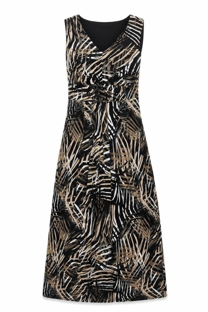 Front view of David Emanuel Women's Black Beige Geometric Midi Dress