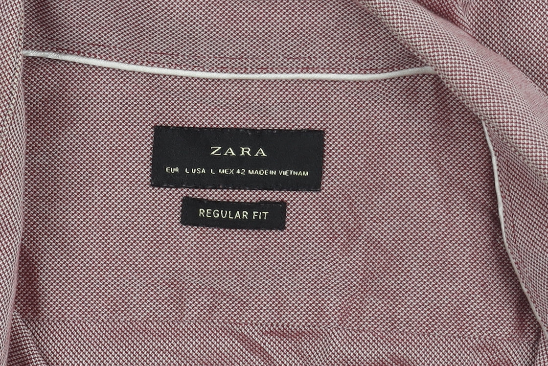 Zara Men's Red Cotton Regular Fit Shirt L