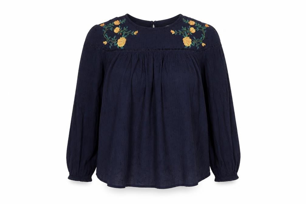 Front view of Dorothy Perkins Women's Embroidered Blue Blouse, size 10