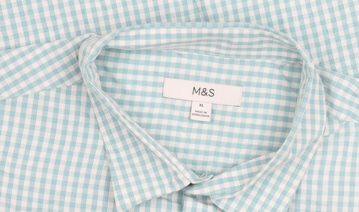 Marks and Spencer Men's Blue Check XL Button-Up Shirt