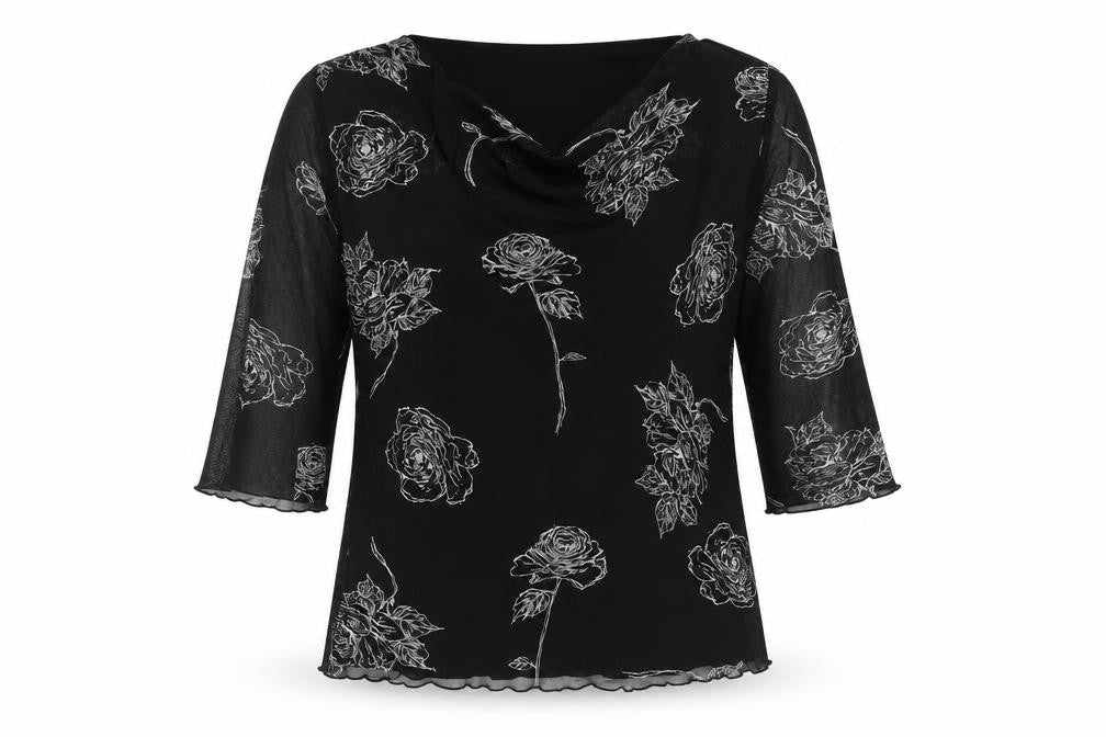 Front view of Bonmarché Women's Black Floral Cowl Neck Top L