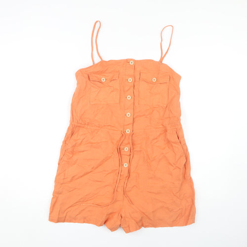 MNG Women's Orange Linen Playsuit Size 12 - Button Detail