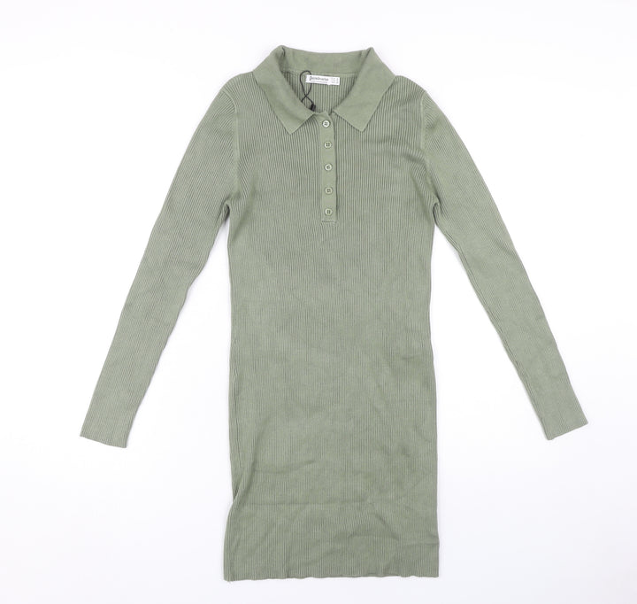 Stradivarius Green Women’s Shirt Dress, Size M, Collared