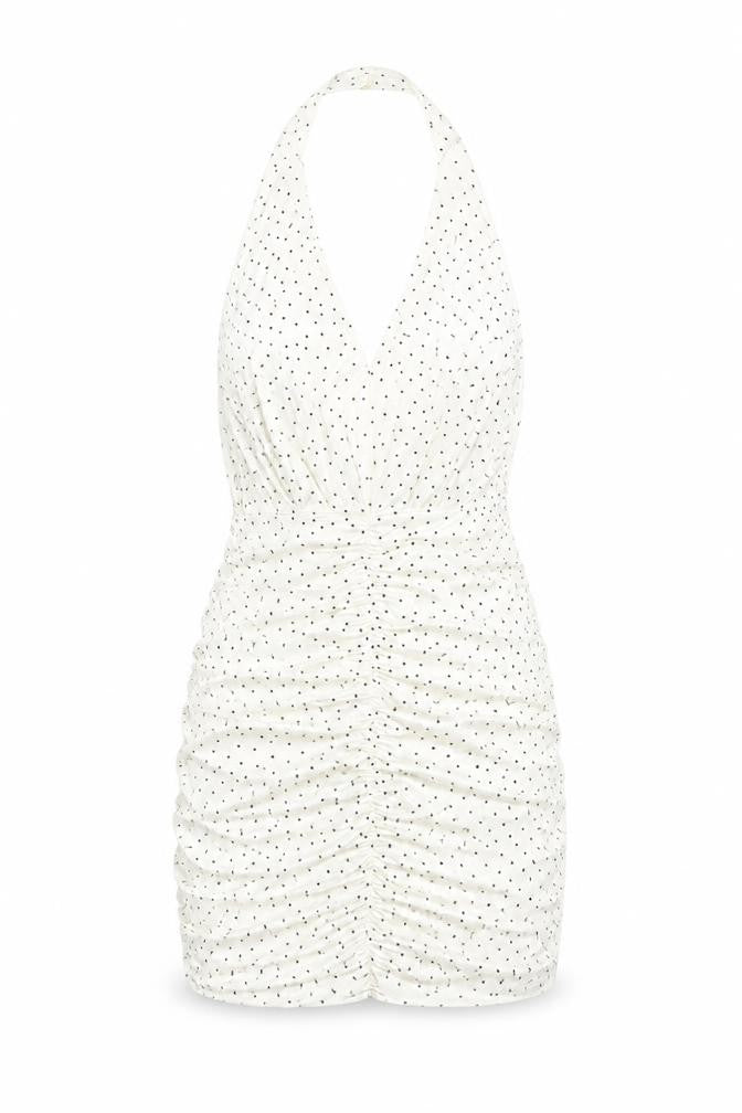 Front view of Zara Women's White Polka Dot Bodycon Dress L
