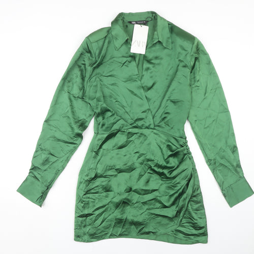 Zara Women's Green Collared Wrap Dress, Size 8