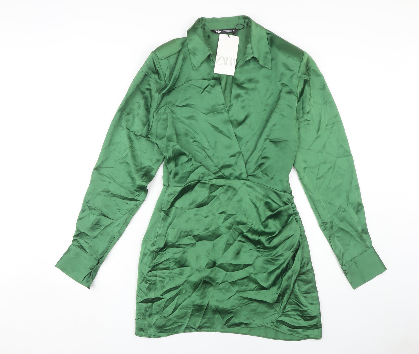 Zara Women's Green Collared Wrap Dress, Size 8