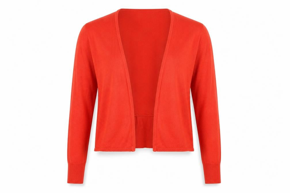 Front view of Classics Women's Red Cardigan, size L, Round Neck