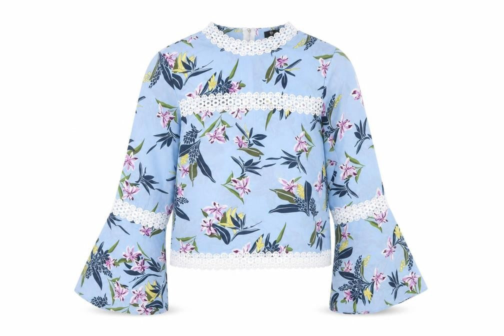 Cutie Women's Blue Floral Bell Sleeve Blouse Size 14