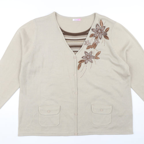 Damart Women’s Beige Floral Embroidered Cardigan XL