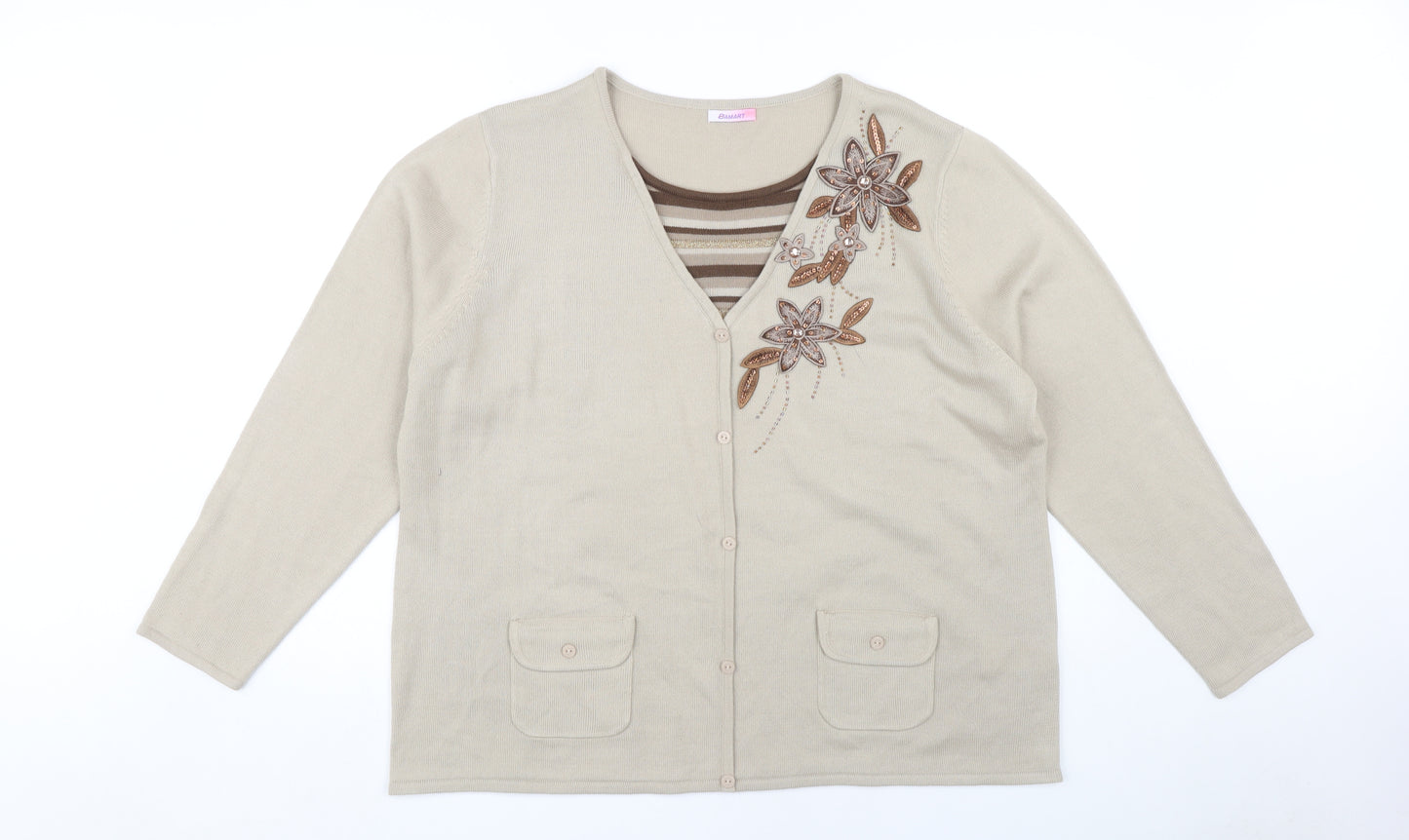 Damart Women’s Beige Floral Embroidered Cardigan XL