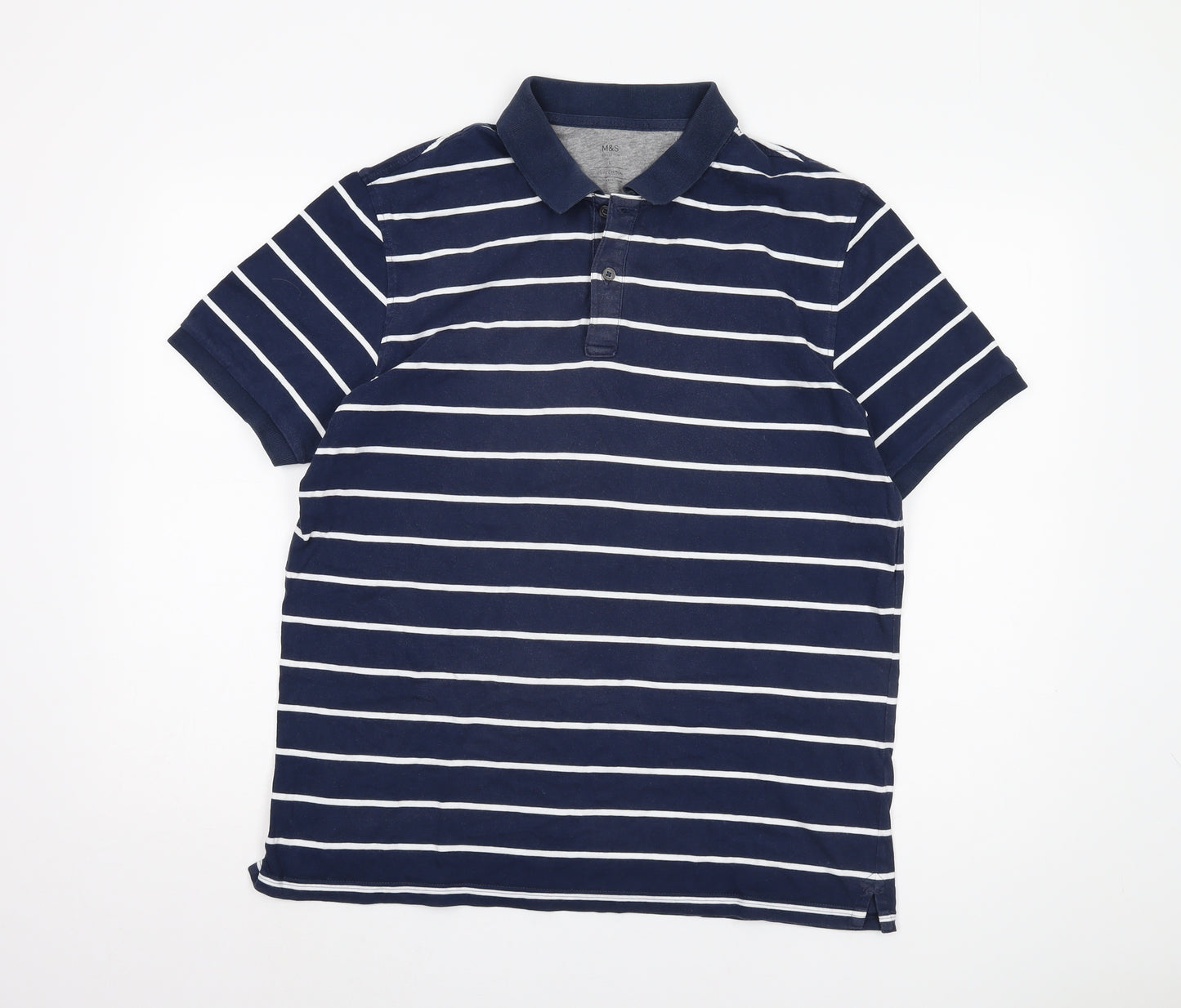 Marks and Spencer Men's Blue Striped Polo Shirt L
