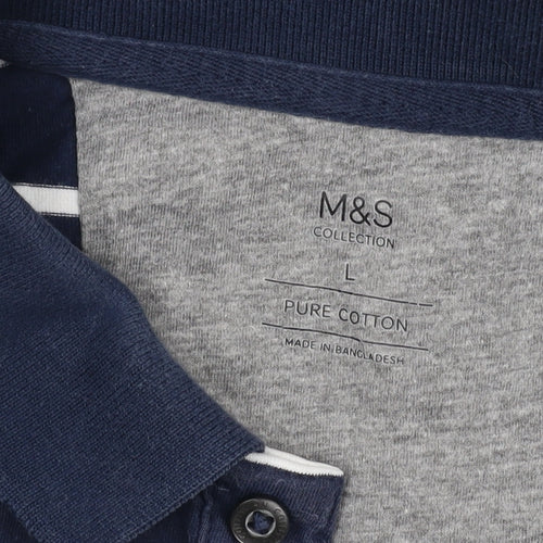 Marks and Spencer Men's Blue Striped Polo Shirt L