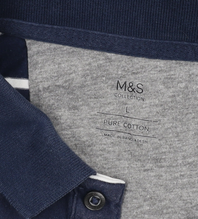 Marks and Spencer Men's Blue Striped Polo Shirt L