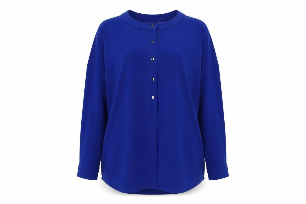 Front view of Wuli: Luu Women's Blue Long Sleeve Button-Up Shirt