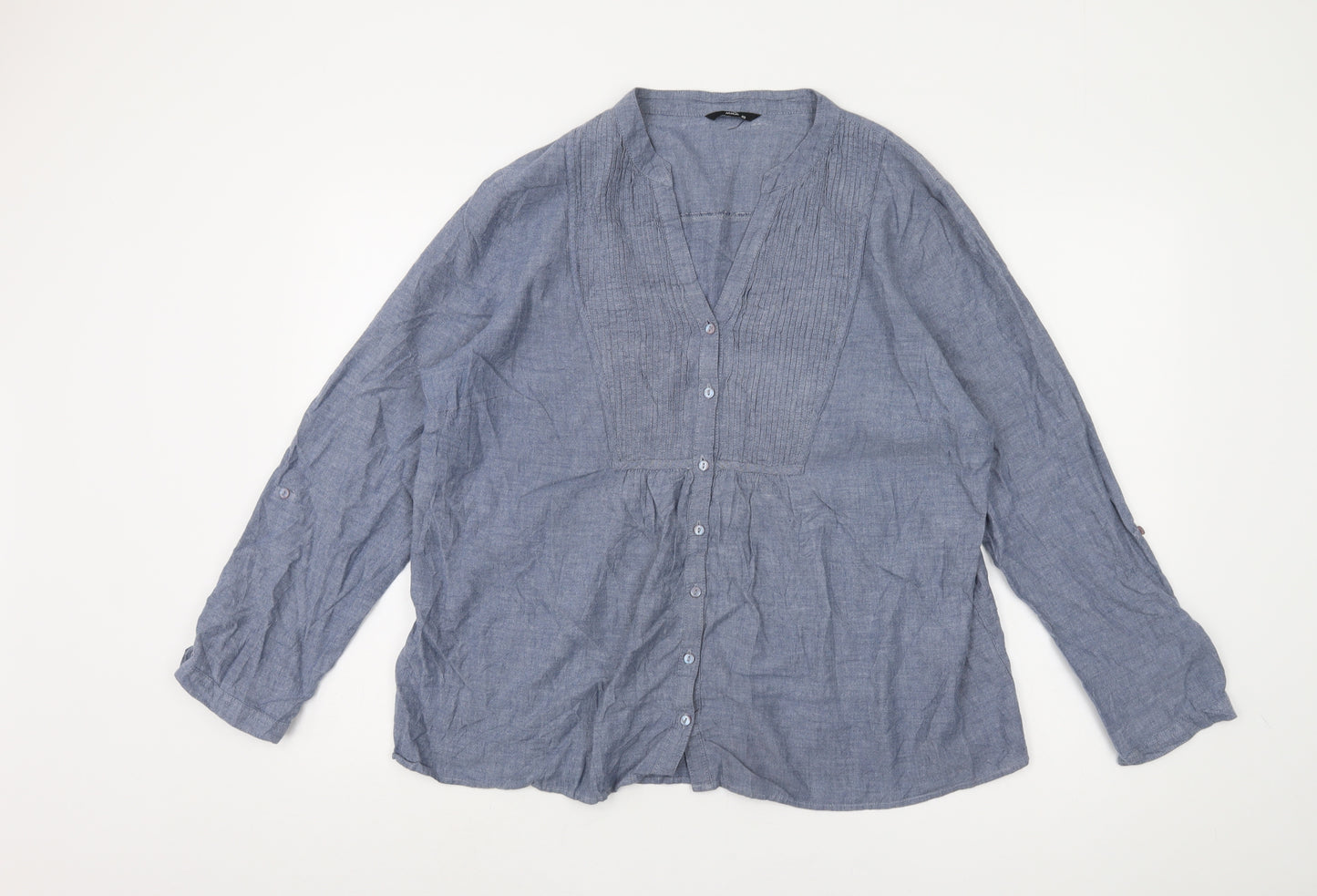 M&Co Women’s Blue V-Neck Long Sleeve Button Top