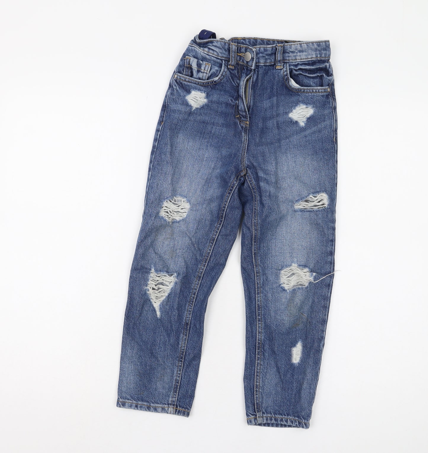 Next Girls Blue Jeans, Size 7 Years, Ripped Straight Fit