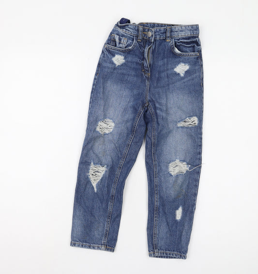 Next Girls Blue Jeans, Size 7 Years, Ripped Straight Fit