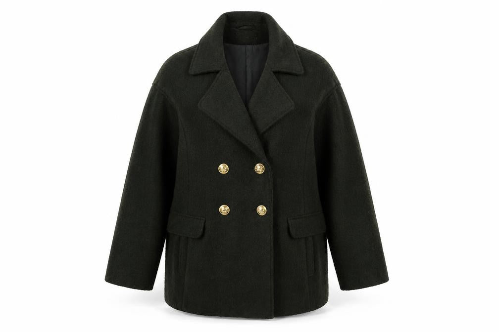 Front view of Marks & Spencer Women's Green Pea Coat, size 10, Winter Elegance