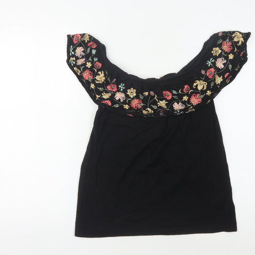 Oasis Women's Black Floral Embroidered Blouse S
