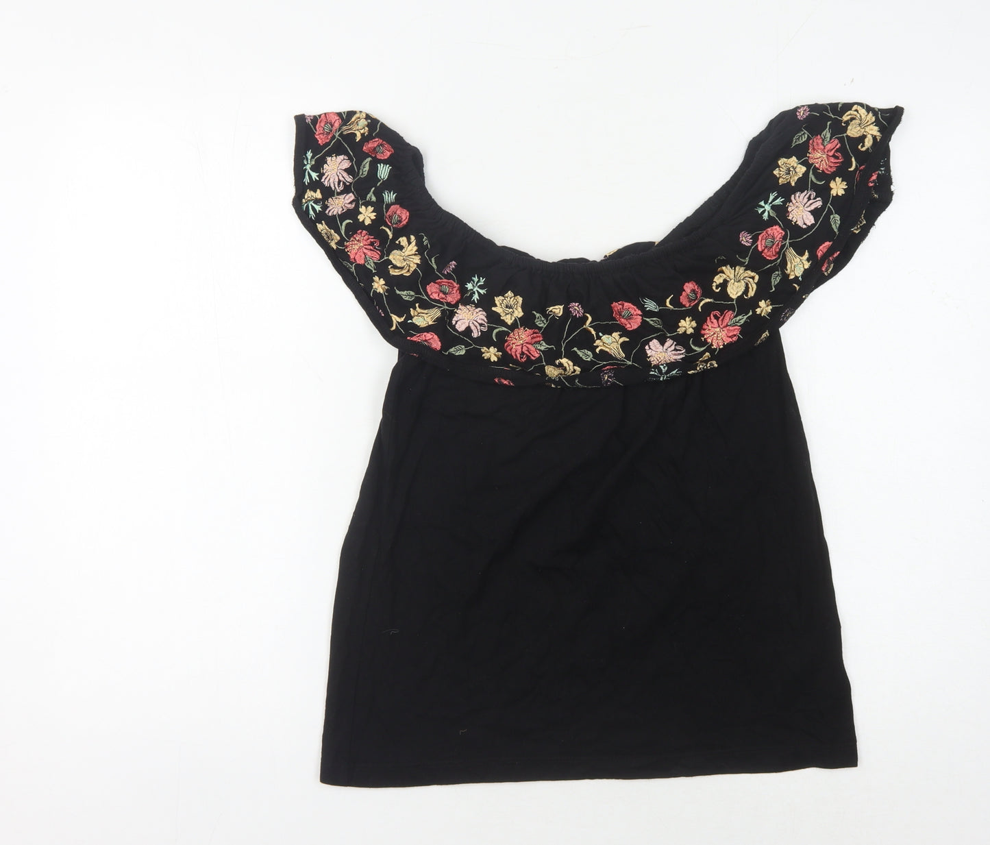 Oasis Women's Black Floral Embroidered Blouse S