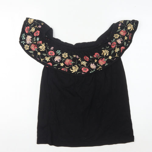 Oasis Women's Black Floral Embroidered Blouse S