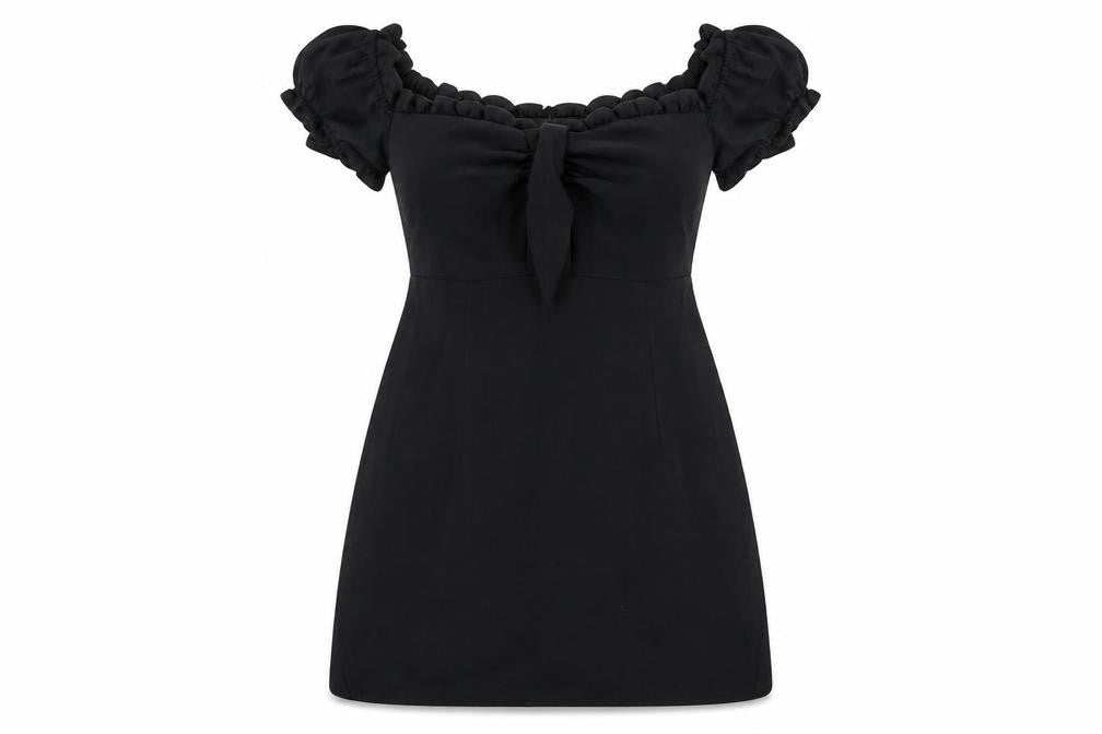 Front view of Narrated Women's Black Off-Shoulder Short Dress M