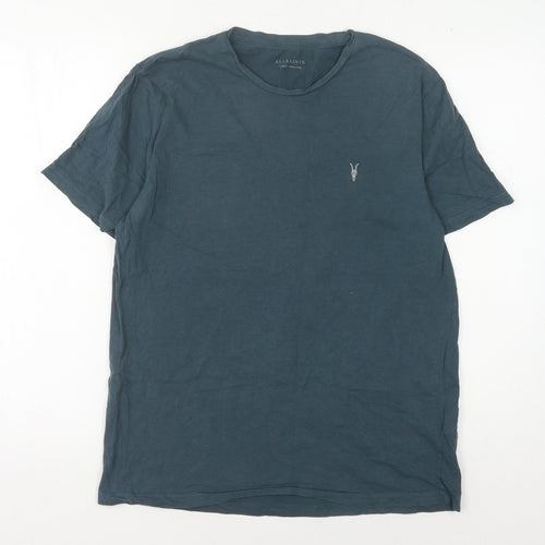 AllSaints Men's Blue T-Shirt, Size L, Crew Neck, Cotton
