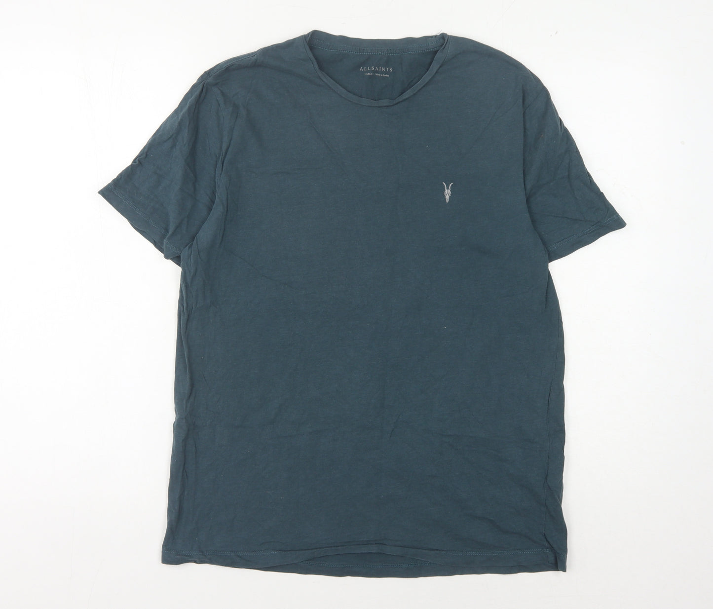 AllSaints Men's Blue T-Shirt, Size L, Crew Neck, Cotton