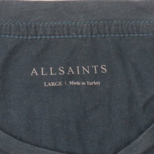 AllSaints Men's Blue T-Shirt, Size L, Crew Neck, Cotton