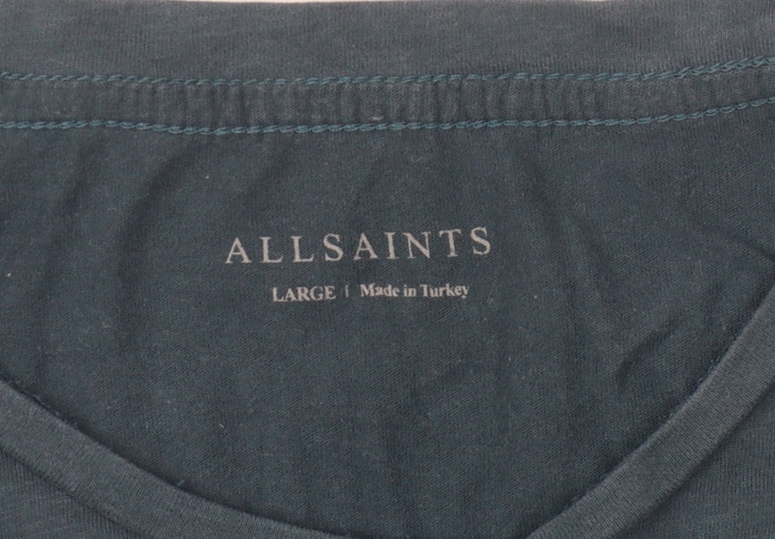 AllSaints Men's Blue T-Shirt, Size L, Crew Neck, Cotton