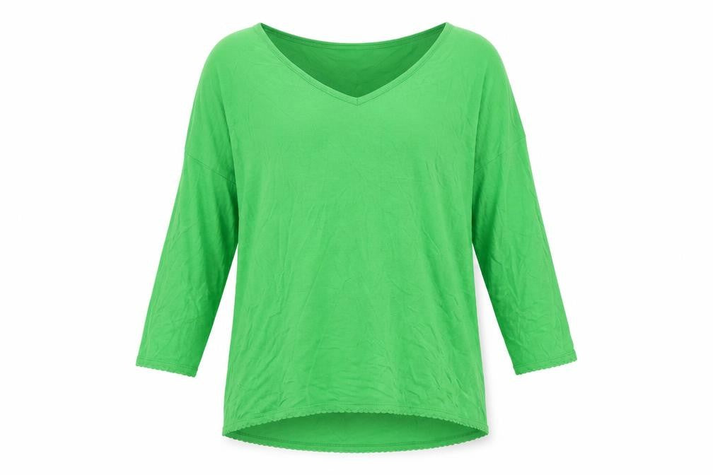 Front view of French Connection Green V-Neck Women's Top - S 3/4 Sleeve