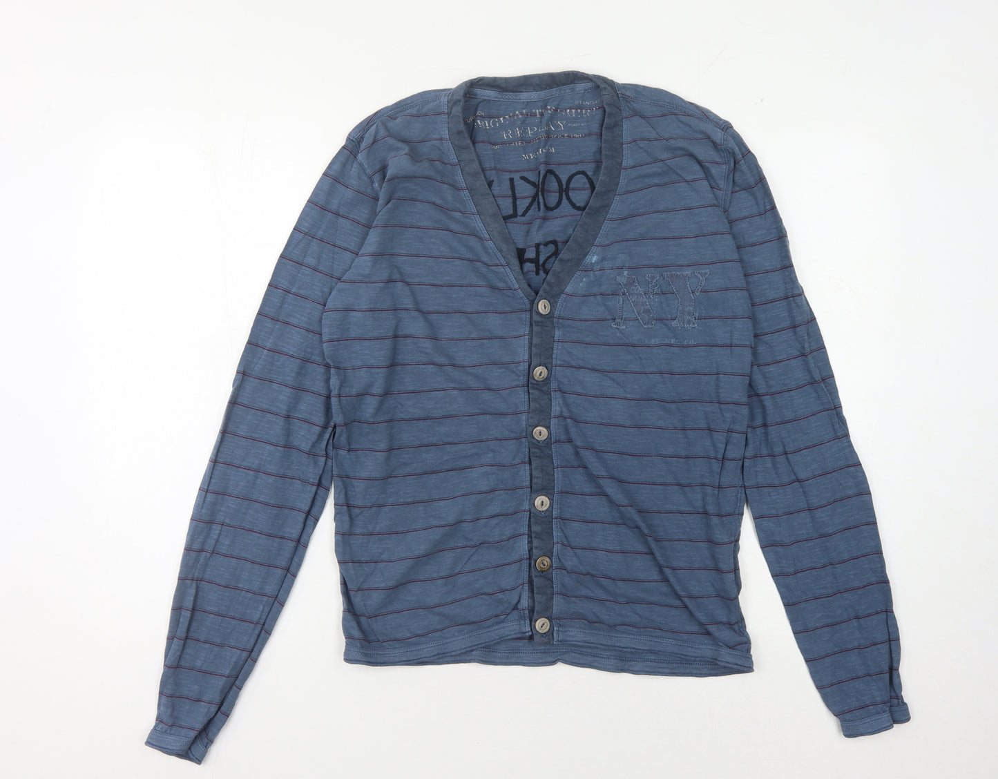Replay Men's Blue Striped Cardigan M V-Neck Urban Style