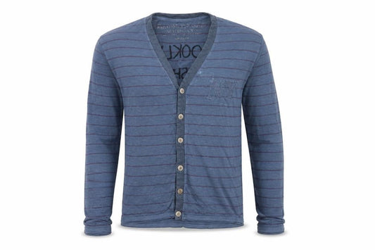 Front view of Replay Men's Blue Striped Cardigan M V-Neck Urban Style