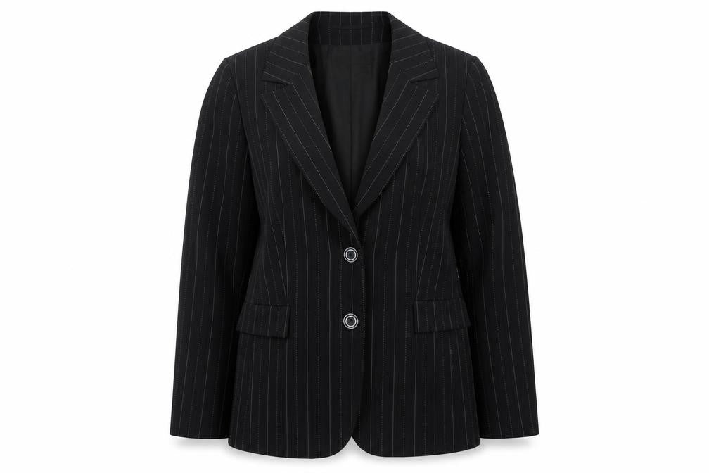 Front view of Yves Tanguy Women's Black Pinstripe Blazer, size 12