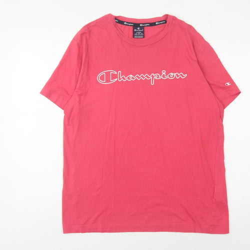 Champion Men's Red Crew Neck T-Shirt, Size L, Logo Accent