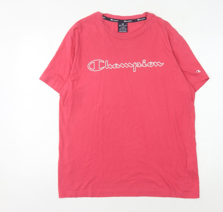 Champion Men's Red Crew Neck T-Shirt, Size L, Logo Accent